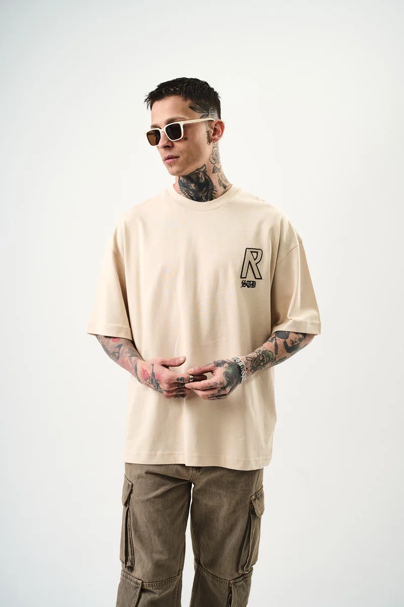 ريسباير تيشيرت رجالي كبير مطرز بيج