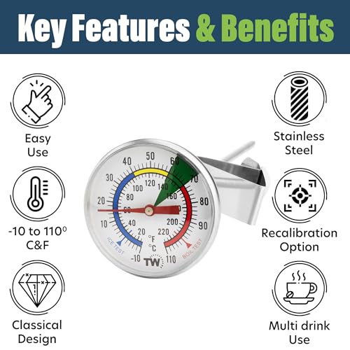 Thermometer World Milk Thermometer for Steaming Milk - Ideal as a Coffee Temperature Thermometer with 175 mm Stainless Steel Probe and Clip Barista Coffee Espresso - Image 2