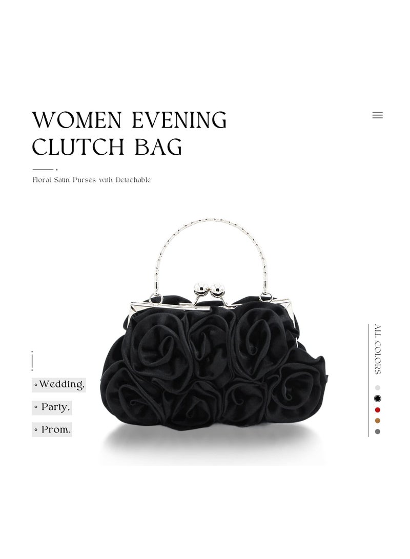 Zikra Women Evening Clutch Bag Floral Satin Purses Detachable Strap Clutch Bag Floral Clutch Bag Detachable Strap Purses Floral Clutch Bag for Wedding, Party, Prom (Black) - Image 5