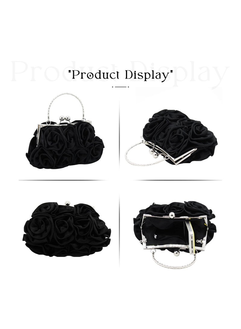 Zikra Women Evening Clutch Bag Floral Satin Purses Detachable Strap Clutch Bag Floral Clutch Bag Detachable Strap Purses Floral Clutch Bag for Wedding, Party, Prom (Black) - Image 2