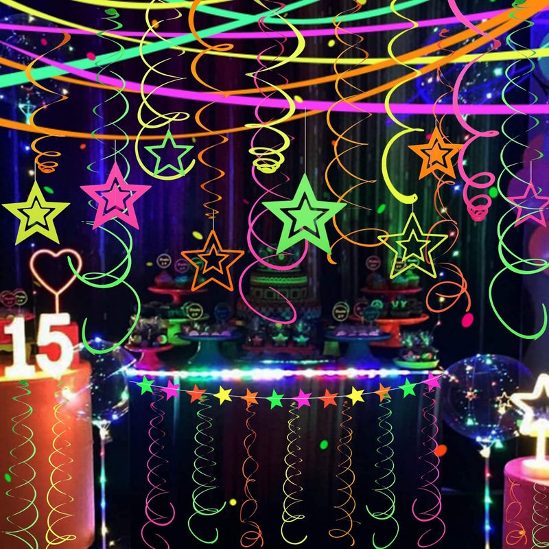 WELITTCON 54 Pieces UV Hanging Swirl Paper Star Garlands Neon Streamers Glow Party Supplies and Decorations Black Light UV Reactive for Dark Glow Wedding Birthday Party Favors - Image 2