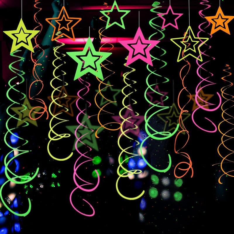 WELITTCON 54 Pieces UV Hanging Swirl Paper Star Garlands Neon Streamers Glow Party Supplies and Decorations Black Light UV Reactive for Dark Glow Wedding Birthday Party Favors - Image 1