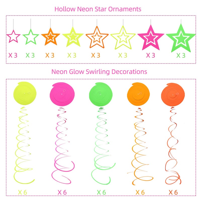 WELITTCON 54 Pieces UV Hanging Swirl Paper Star Garlands Neon Streamers Glow Party Supplies and Decorations Black Light UV Reactive for Dark Glow Wedding Birthday Party Favors - Image 3
