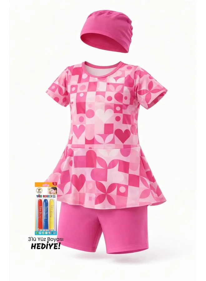 zuzunga Heart-Patterned Pink Girl's Bow Swimsuit Set.