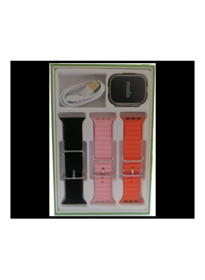 موديو ساعة  من براند موديو 4G ذكية للغاية تدعم شريحة 4G  تدعم الواى فاى جيجا  مساحة 64G    جيجا 6 رام   لا تنسى أن تلاحظ الكاميرا بمساعد صوتي ثلاث احزمة لون جسم الساعة فضي مع ثلاث ستراب اورانج بينك اسود - Image 3