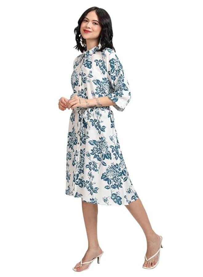 Vishudh Women Dress WHITE/ BLUE 100% Rayon (S) - Image 1