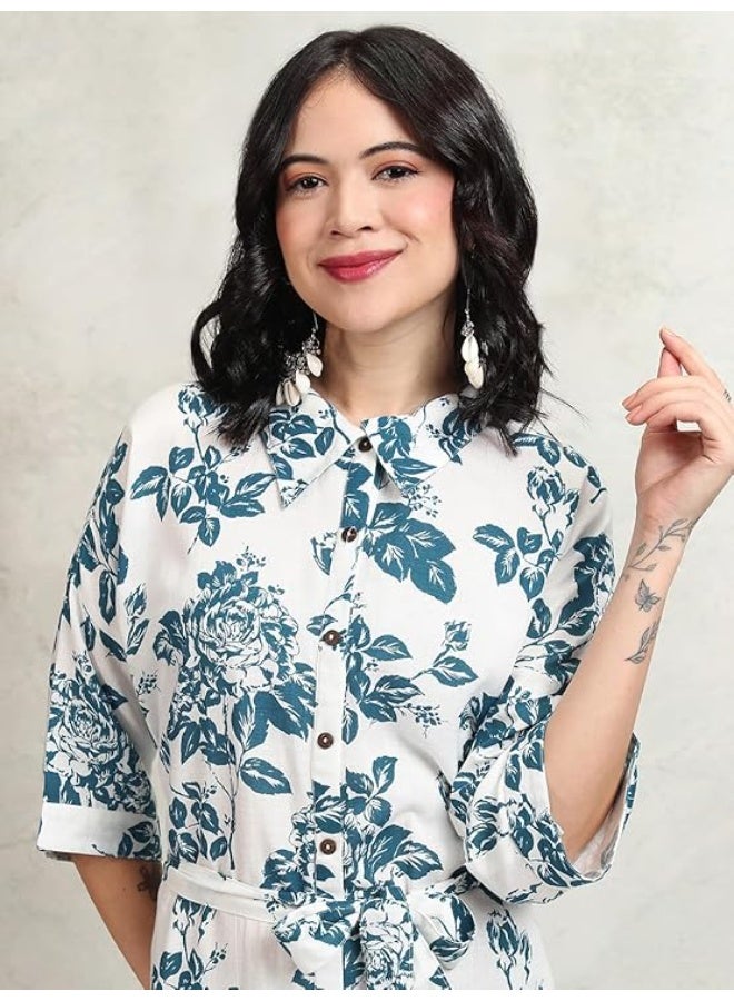 Vishudh Women Dress WHITE/ BLUE 100% Rayon (S) - Image 3