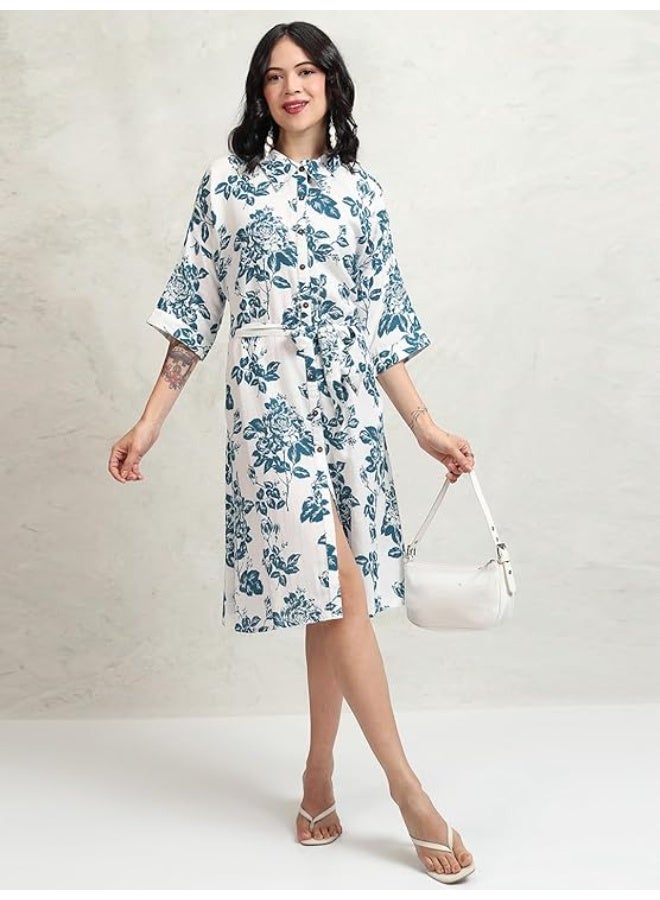 Vishudh Women Dress WHITE/ BLUE 100% Rayon (S) - Image 5