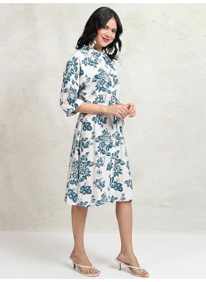 Vishudh Women Dress WHITE/ BLUE 100% Rayon (S) - Image 4