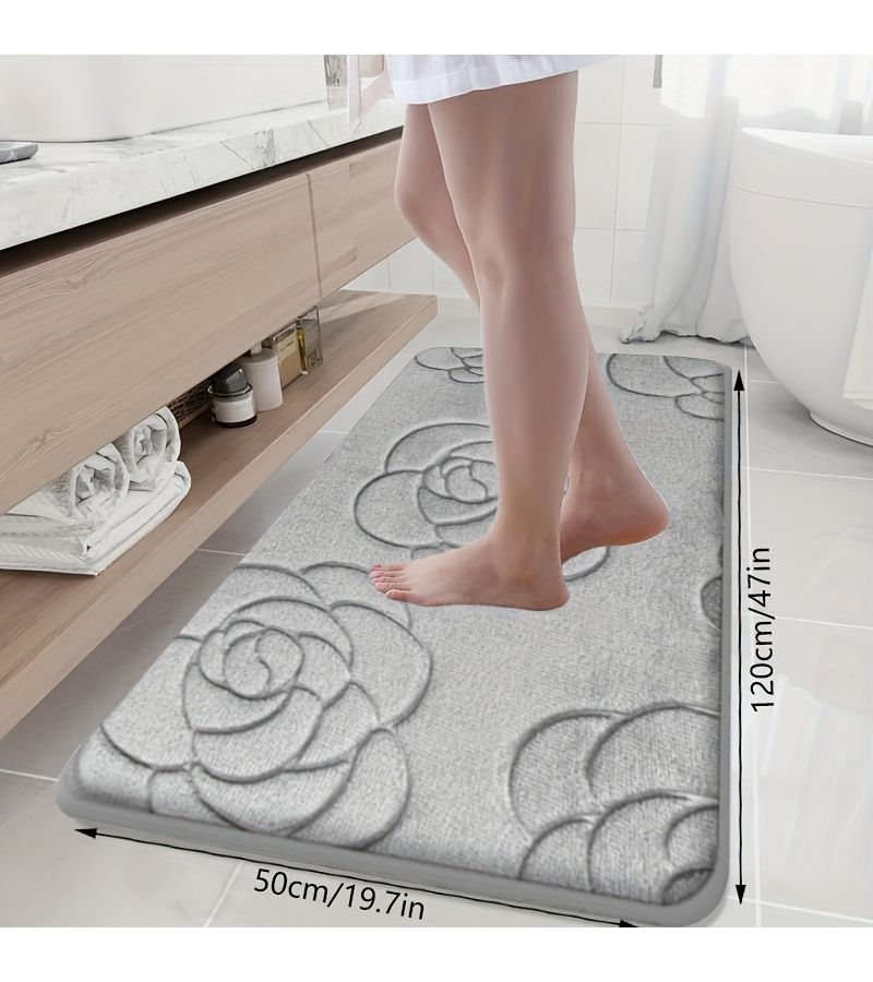 Beige Memory Foam Non Slip Bath Mat Rose Flower Embossed Quick Water Absorbing Washable Machine Washable Quick Drying Thickened Soft Comfortable Carpet Bathroom Accessory For Home Use - Image 2