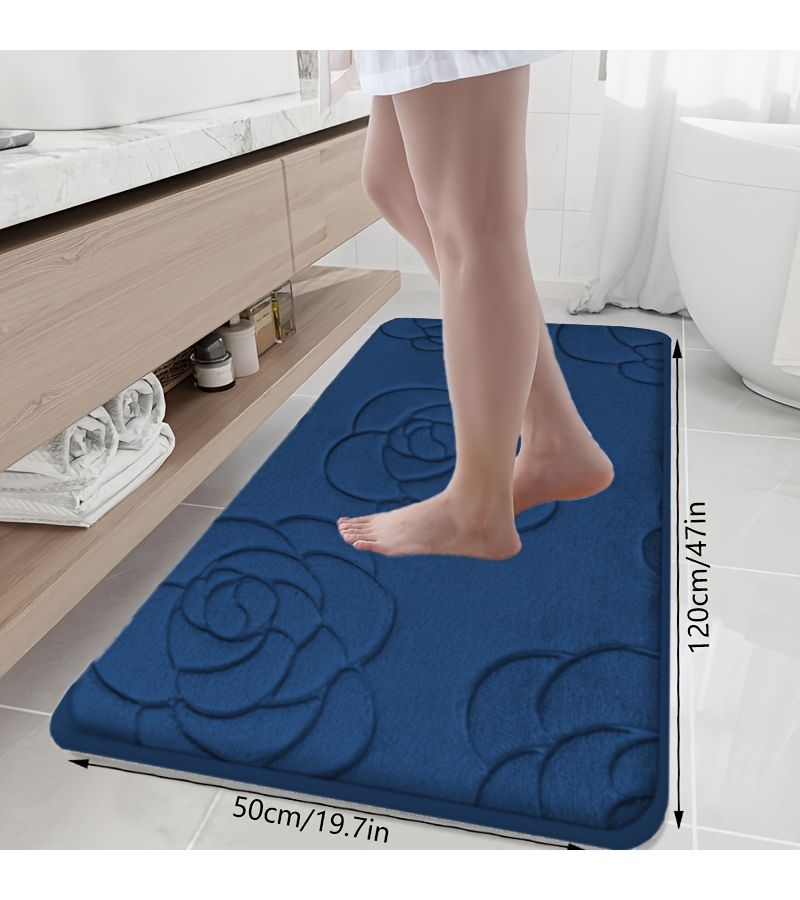 Beige Memory Foam Non Slip Bath Mat Rose Flower Embossed Quick Water Absorbing Washable Machine Washable Quick Drying Thickened Soft Comfortable Carpet Bathroom Accessory For Home Use - Image 4