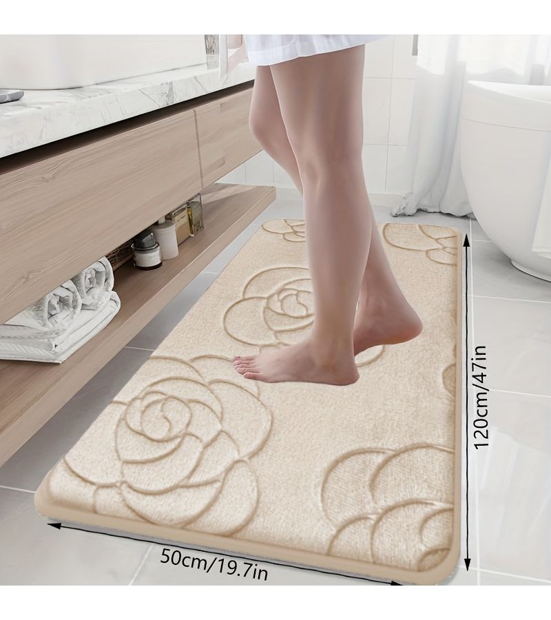 Beige Memory Foam Non Slip Bath Mat Rose Flower Embossed Quick Water Absorbing Washable Machine Washable Quick Drying Thickened Soft Comfortable Carpet Bathroom Accessory For Home Use - Image 1