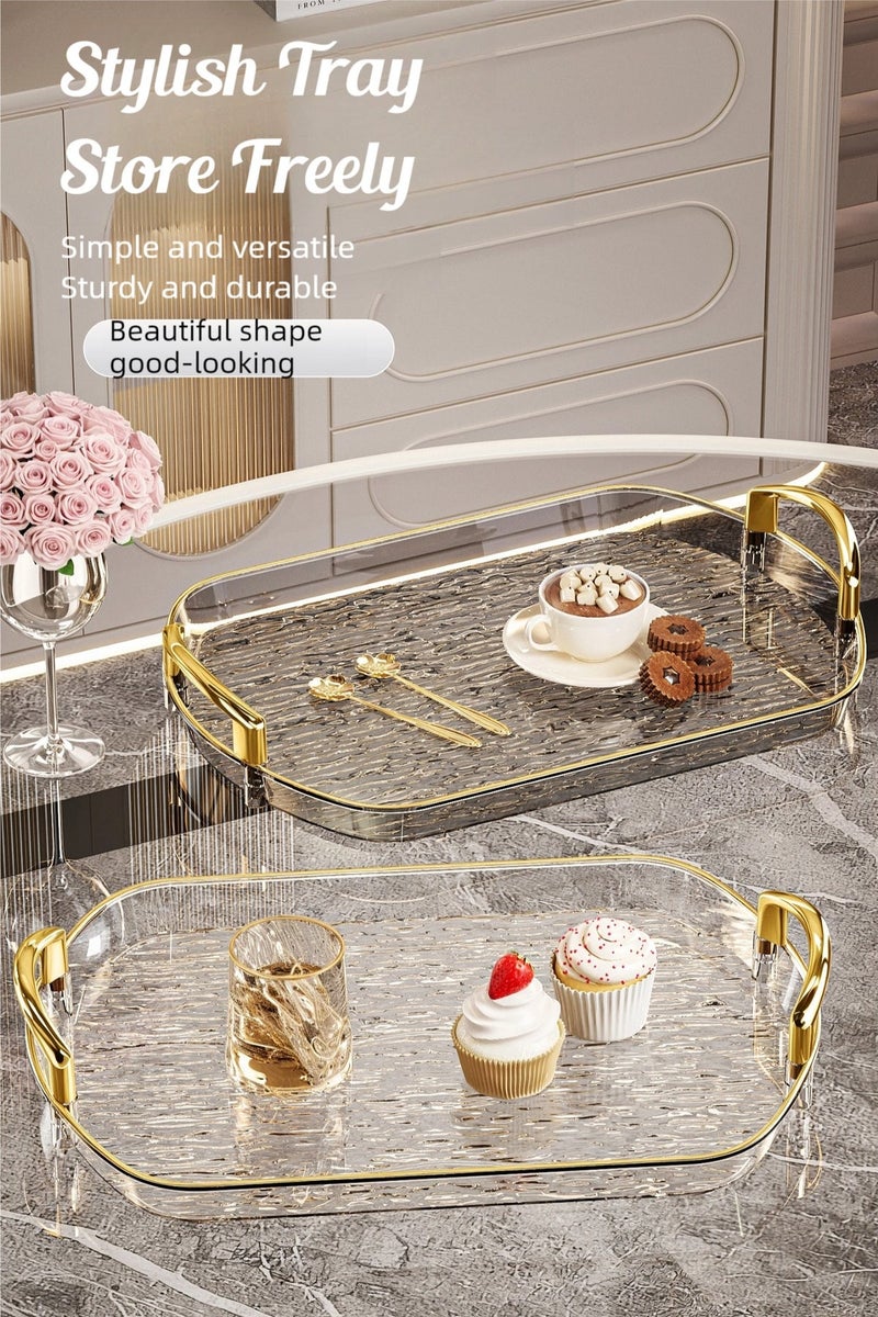 nehem 3 PCS Clear Serving Tray, With Polished Metal Handles, Wavy Pattern, Spill-Proof, Decorative for Coffee Table & Tea  Storage - Image 2