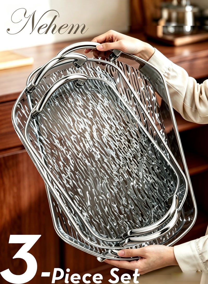 nehem 3 PCS Clear Serving Tray, With Polished Metal Handles, Wavy Pattern, Spill-Proof, Decorative for Coffee Table & Tea  Storage - Image 1
