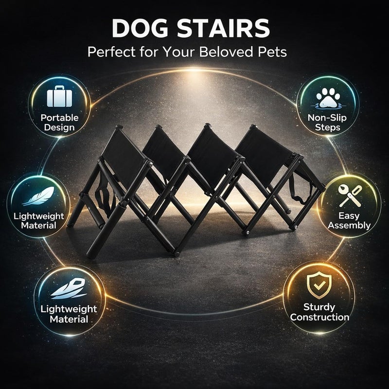 Portable Dog Stairs, Foldable Adjustable Pet Ramp Steps for Car SUV Truck, Four Steps, Black - Stable Sturdy Structure, Easy Storage, Ideal for Large and Small Dogs - Image 4