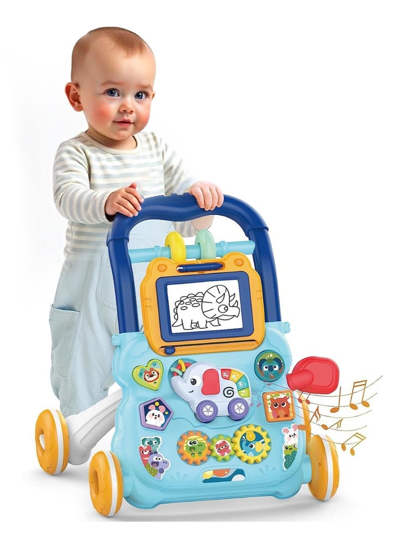 بيبي مشاية أطفال 2 في 1 للأطفال، مشاية أنشطة للأطفال مع لوحة رسم وموسيقى وفرز الأشكال والتروس الدوارة، مشاية أطفال للأنشطة للأطفال الأولاد والبنات من عمر 6 إلى 24 شهرًا - أزرق - Image 1