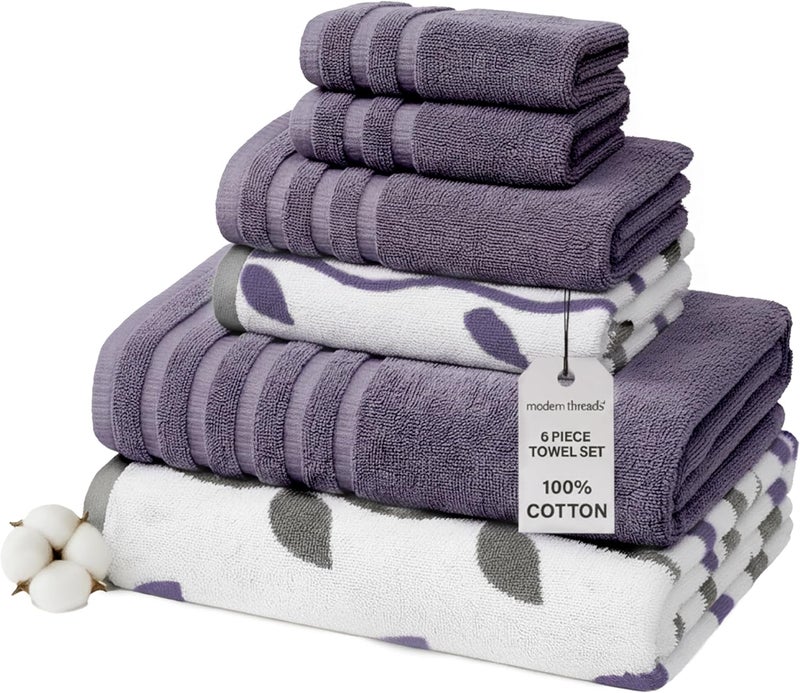 Modern Threads Organic Vines 6-Piece 100% Cotton Towel Set – Yarn Dyed Jacquard & Solid – Includes 2 Bath Towels, 2 Hand Towels, 2 Washcloths – Absorbent, Quick Dry, Soft & Durable – Lavender - Image 1