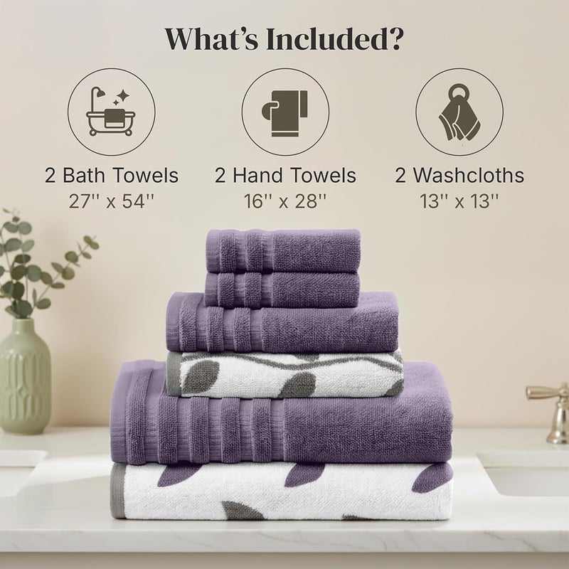 Modern Threads Organic Vines 6-Piece 100% Cotton Towel Set – Yarn Dyed Jacquard & Solid – Includes 2 Bath Towels, 2 Hand Towels, 2 Washcloths – Absorbent, Quick Dry, Soft & Durable – Lavender - Image 3