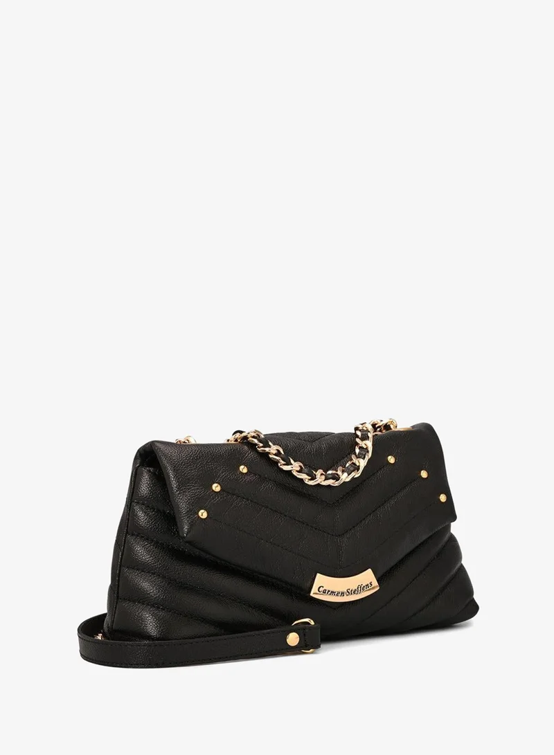 Black Quilted Leather Bag with Metal Application