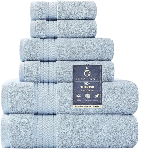 COZYART Light Blue Towel Sets for Bathroom 6Pcs, Turkish Cotton Bath Towel Set Soft Highly Absorbent and Durable 650 GSM Luxury Bathroom Sets with 2 Bath Towels, 2 Hand Towels, 2 Washclothes - Image 1