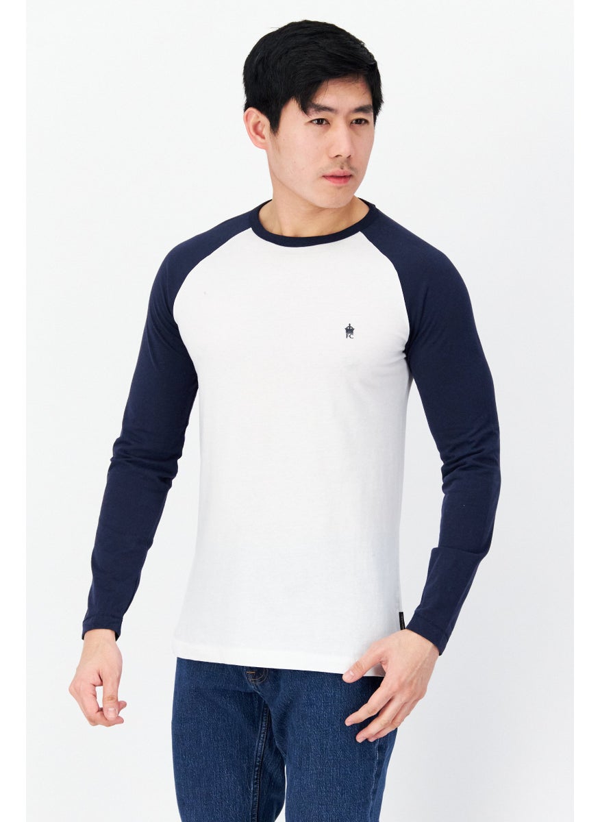 French Connection Men Crew Neck Long Sleeve Embroidered Logo T-Shirt, White/Navy  - Image 1