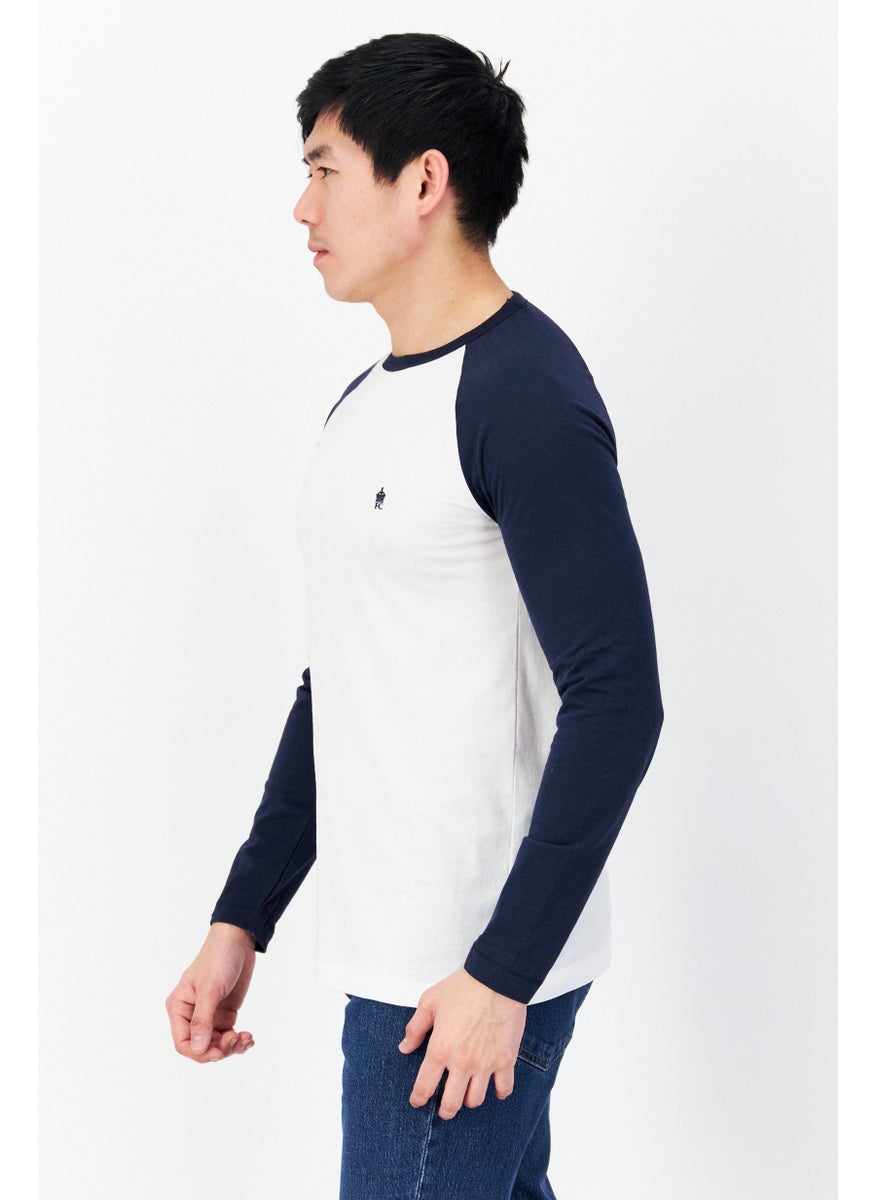 French Connection Men Crew Neck Long Sleeve Embroidered Logo T-Shirt, White/Navy  - Image 3