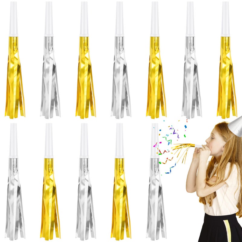 Twavang 12 Pcs Glitter Noise Makers Metallic Fringed Party Blower for Adults Birthday Graduation New Years Party Favors Supplies Gold and Silver - Image 3