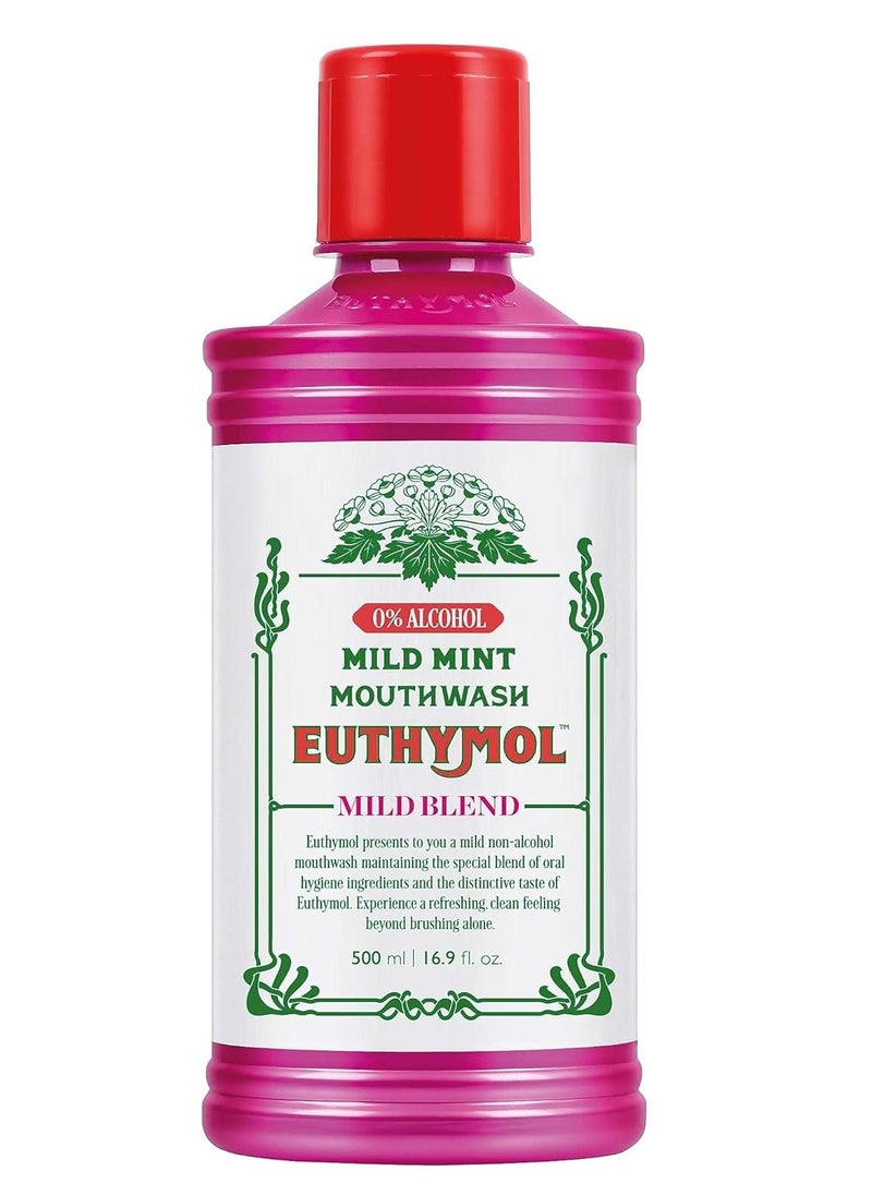 Euthymol Euthymol Mouthwash Mild Mint 500ml, Contains Fluoride Alcohol-Free, Distinctive Strong Taste Flavour, Reduce Plaque Gingival Clean Healthy Teeth Gums, Freshens Breath Refreshing Daily Oral Dental Care  - Image 1