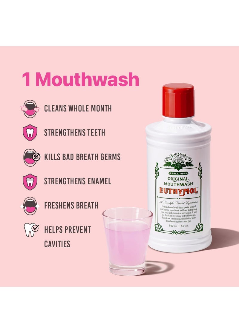 Euthymol Euthymol Mouthwash Mild Mint 500ml, Contains Fluoride Alcohol-Free, Distinctive Strong Taste Flavour, Reduce Plaque Gingival Clean Healthy Teeth Gums, Freshens Breath Refreshing Daily Oral Dental Care  - Image 3