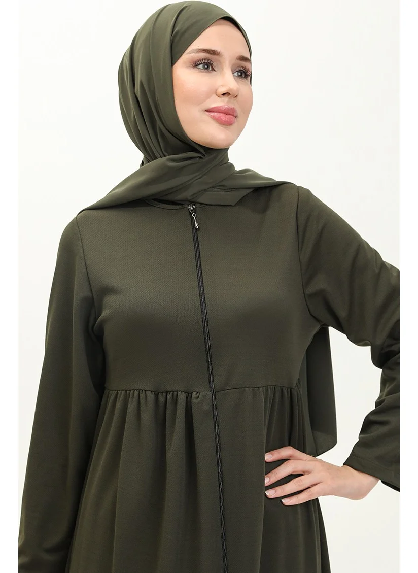 Sefa Merve Pleated Zippered Abaya 0695-07 Khaki