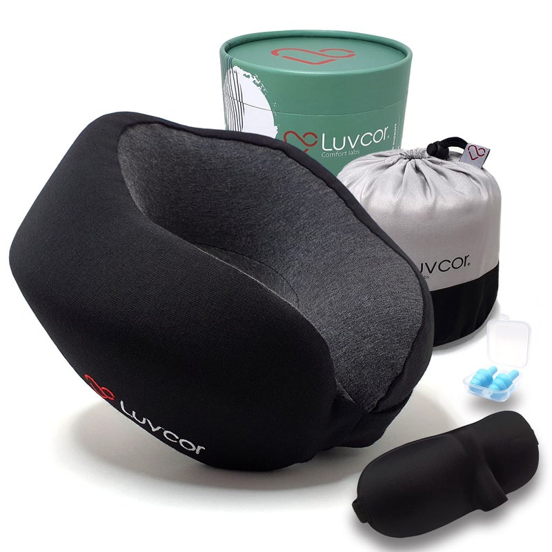 Luvcor Luvcor Premium Quality Memory Foam Travel Neck Pillow Bundle  Best Ergonomic Pillow for Airplane Travel car Ride Sleeping Comes with Eye mask earplugs and Storage BagStealth Black