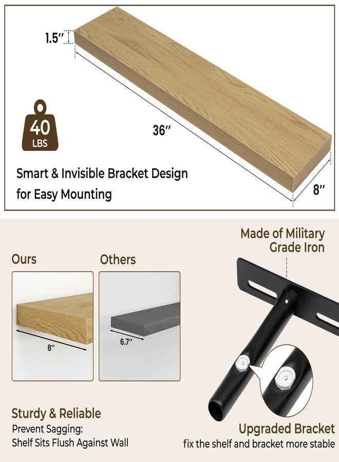 RICHFOCUS 36Inch Floating Shelves for Wall 2 Pack Shelves for Bedroom|Kitchen|Bathroom Wall Mounted Rustic Wood Floating Shelf with Invisible Brackets for Books|Storage|Decor, Oak - Image 5