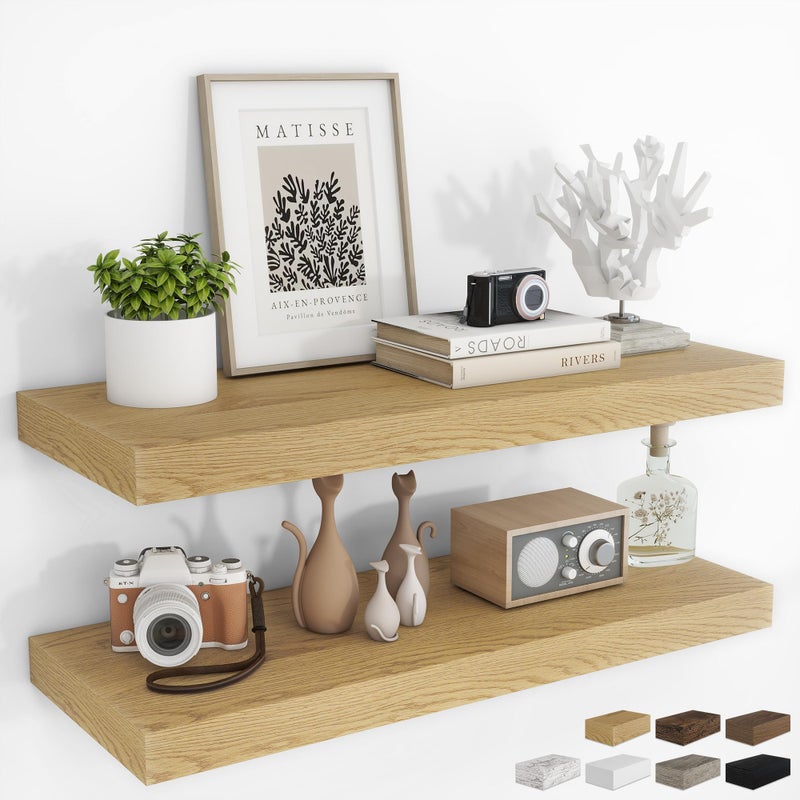 RICHFOCUS 36Inch Floating Shelves for Wall 2 Pack Shelves for Bedroom|Kitchen|Bathroom Wall Mounted Rustic Wood Floating Shelf with Invisible Brackets for Books|Storage|Decor, Oak - Image 1