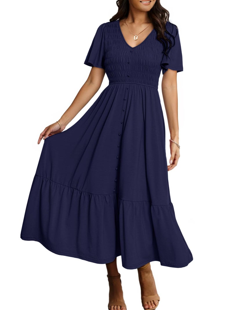 Simplee Womens Summer Smocked Flowy Dress Casual V Neck Button Down Short Sleeve Midi Dresses for Women Navy Blue S