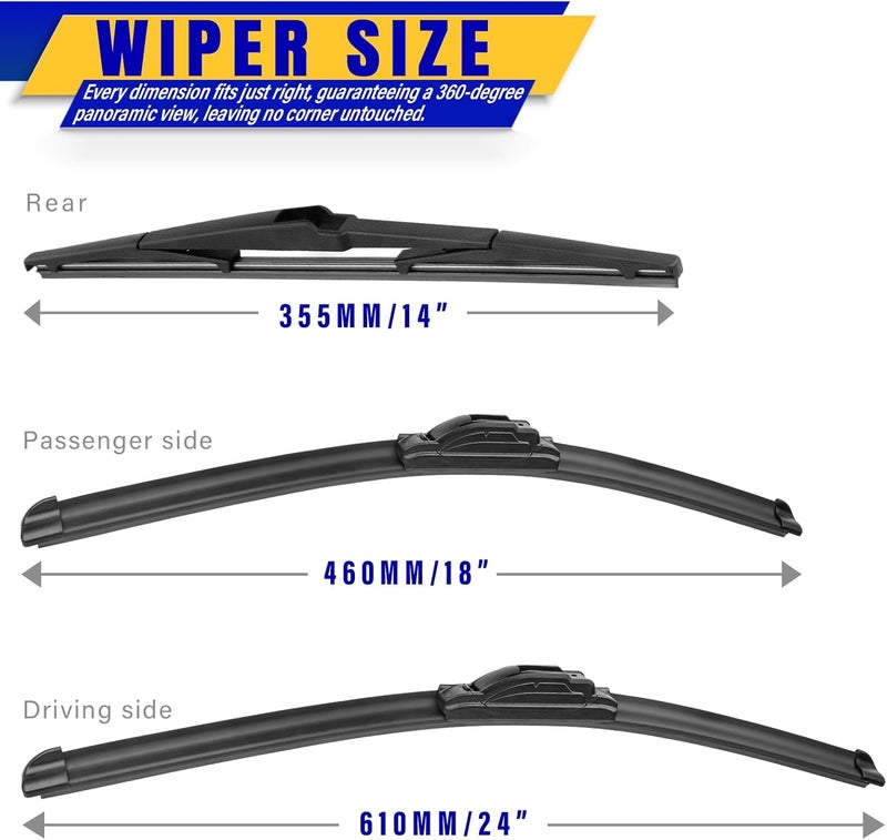 Rooppa Windshield Wiper Blades for 2013-2016 Mazda CX-5, - 24in/18in/14in (Set of 3) U/J HOOK - Image 2