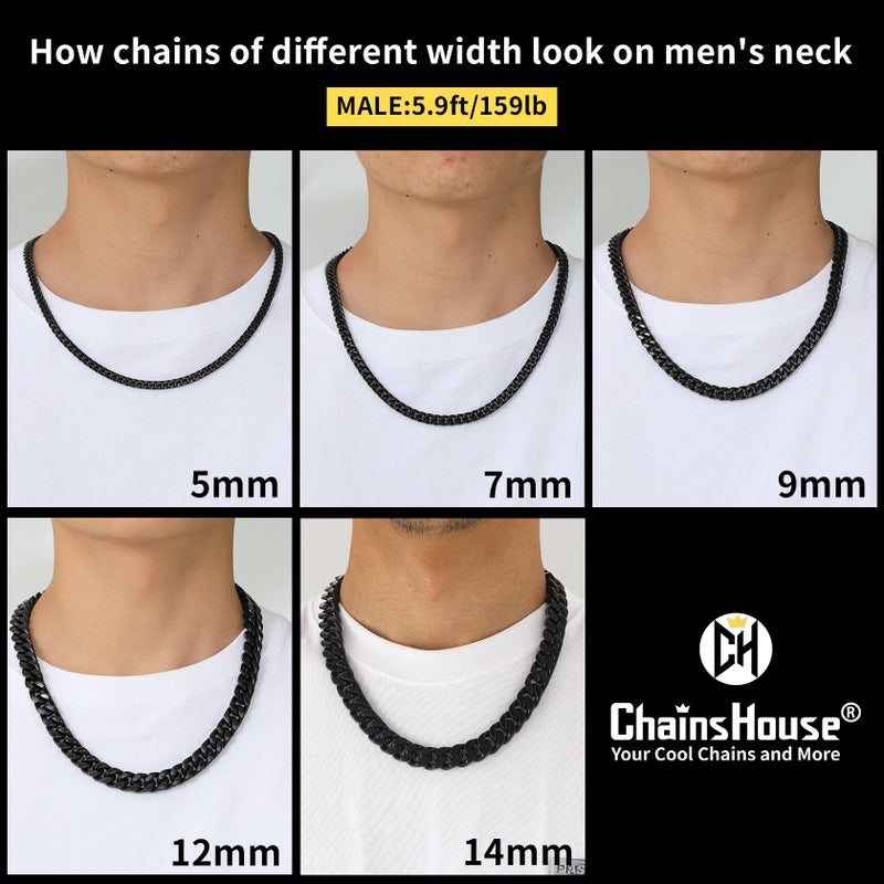 ChainsHouse Mens Cuban Link Chain, Black Miami Cuban Chain Necklace for Men, 9mm Wide Hip Hop Mens Jewelry, 22" - Image 5