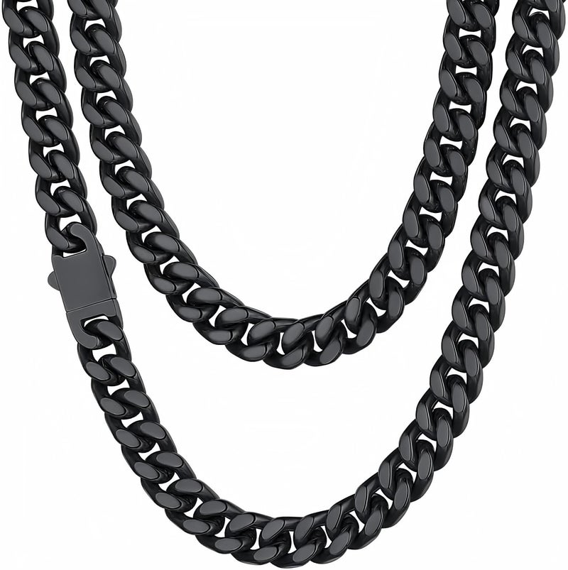 ChainsHouse Mens Cuban Link Chain, Black Miami Cuban Chain Necklace for Men, 9mm Wide Hip Hop Mens Jewelry, 22" - Image 1