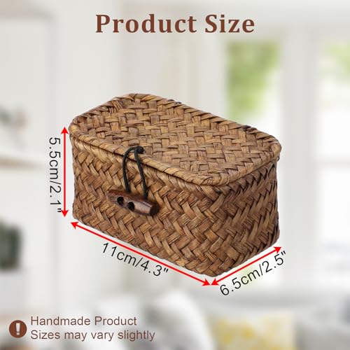 GUSHBIN Seagrass Basket Bin with Lid Mini Size Handwoven Wicker Storage Container Storage Basket Decorative Desktop Organizer for Shelf Bathroom Home Decor, 4.3"x2.5"x2.1" - Image 2