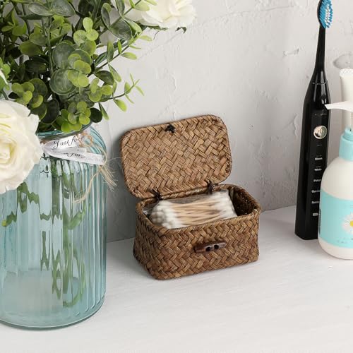 GUSHBIN Seagrass Basket Bin with Lid Mini Size Handwoven Wicker Storage Container Storage Basket Decorative Desktop Organizer for Shelf Bathroom Home Decor, 4.3"x2.5"x2.1" - Image 4