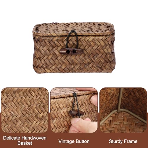 GUSHBIN Seagrass Basket Bin with Lid Mini Size Handwoven Wicker Storage Container Storage Basket Decorative Desktop Organizer for Shelf Bathroom Home Decor, 4.3"x2.5"x2.1" - Image 5