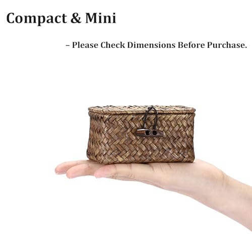 GUSHBIN Seagrass Basket Bin with Lid Mini Size Handwoven Wicker Storage Container Storage Basket Decorative Desktop Organizer for Shelf Bathroom Home Decor, 4.3"x2.5"x2.1" - Image 3