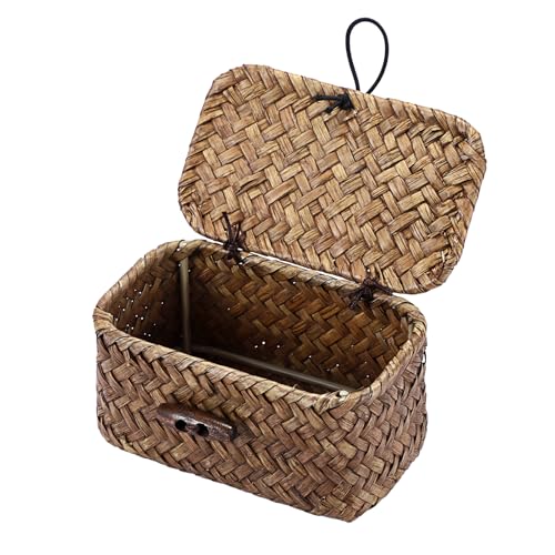 GUSHBIN Seagrass Basket Bin with Lid Mini Size Handwoven Wicker Storage Container Storage Basket Decorative Desktop Organizer for Shelf Bathroom Home Decor, 4.3"x2.5"x2.1" - Image 1