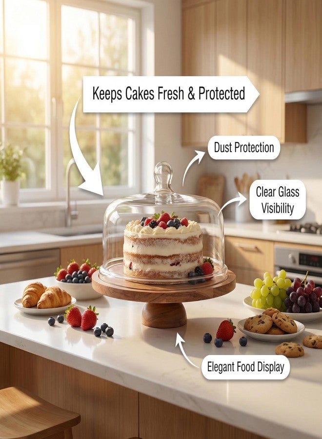 DHAMPOOH Cake Stand with Clear Dome Lid - Wooden Base Dessert Display Stand for Cakes, Pastries & Cupcakes - Cake Keeper with Cover for Kitchen, Party & Home Decor - Image 5