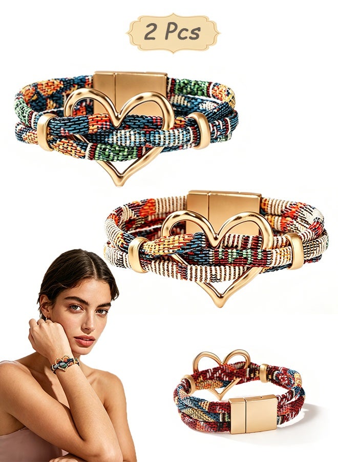 GD 2 Pcs Geometric Hollow Heart Bohemian Bracelets with Metal Buckles for Women Men - Handmade Weave Colorful Cotton Fabric Bracelet for Daily Wear Vacation - Image 1