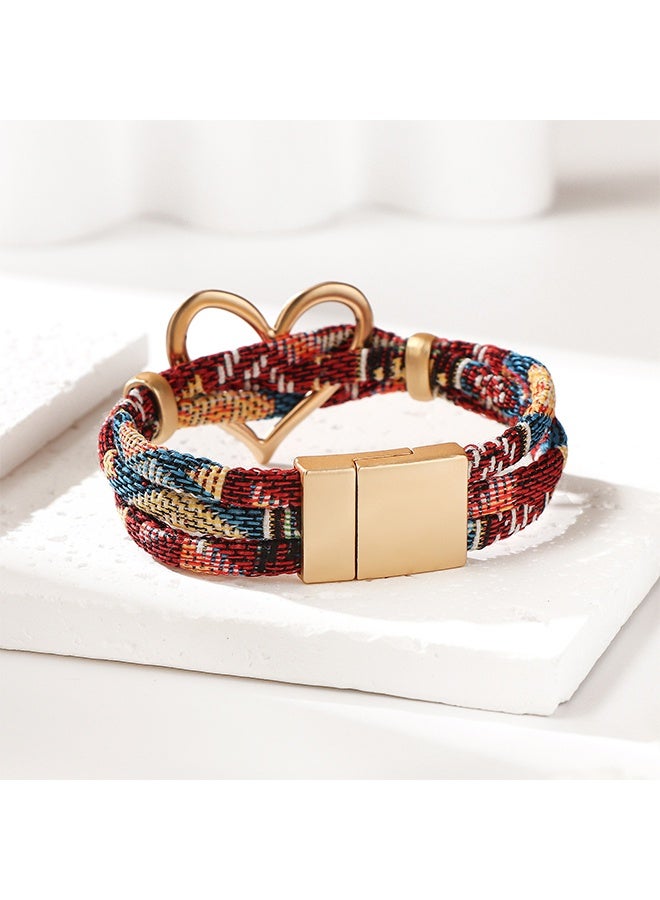 GD 2 Pcs Geometric Hollow Heart Bohemian Bracelets with Metal Buckles for Women Men - Handmade Weave Colorful Cotton Fabric Bracelet for Daily Wear Vacation - Image 3