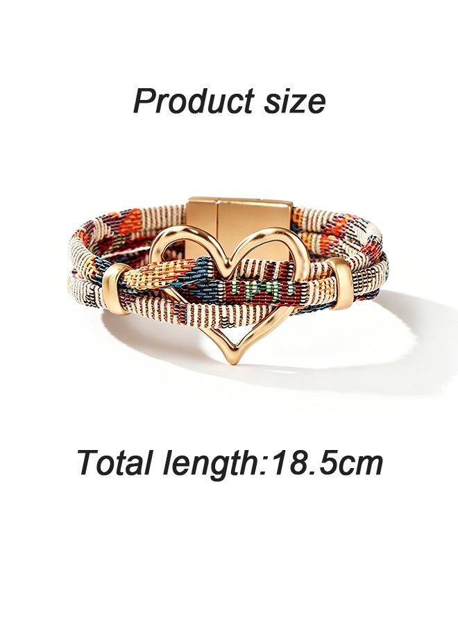 GD 2 Pcs Geometric Hollow Heart Bohemian Bracelets with Metal Buckles for Women Men - Handmade Weave Colorful Cotton Fabric Bracelet for Daily Wear Vacation - Image 2