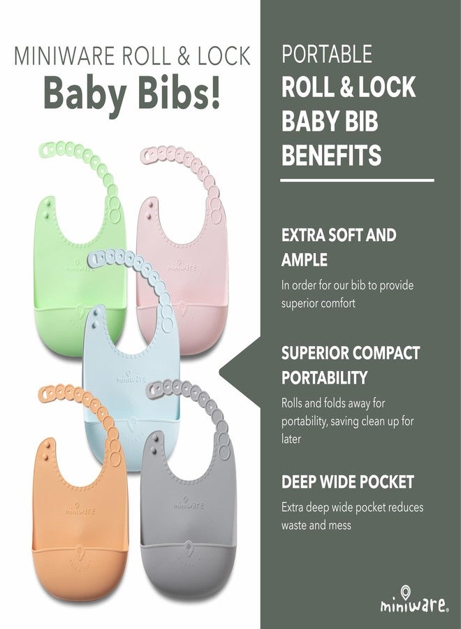 Miniware Roll & Lock Silicone Baby Bib 2 Pack, Easy Mealtime Cleanup - Adjustable Neck Strap and Food Catcher Pocket - Food-Grade Material Reduces Mess, Travel-Friendly Design (Grey + Aqua) - Image 2