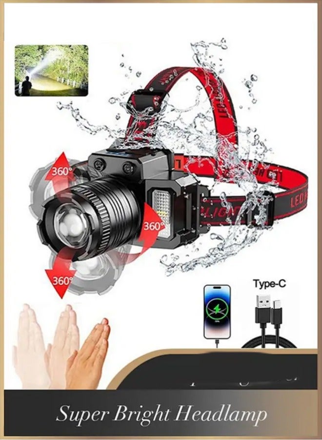 LED Headlamp, Rechargeable Head Light, 360° Adjustable Angle Headlight with 5 Modes Ipx6, Waterproof, Motion Sensor, Headlight for Fishing, Camping, Hiking - Image 1