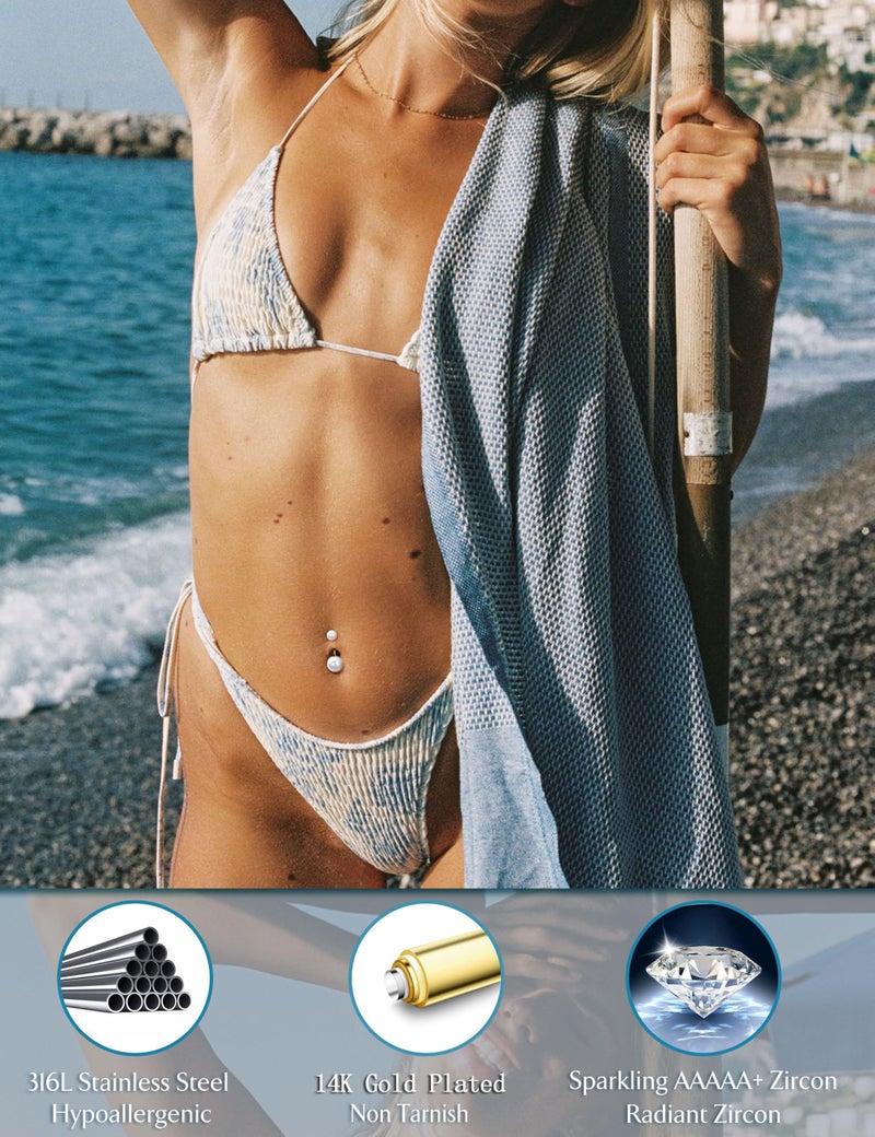 JeryWe Floating Belly Button Ring ðƒðšð§ð ð¥ðž Hypoallergenic Surgical Stainless Steel belly rings for Women CZ Pearl Clicker Navel Piercing Jewelry Pack Navel Rings Body Jewelry 14K Gold Plated 10MM - Image 3