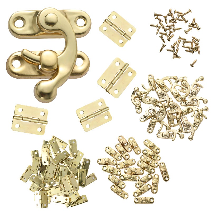300Piece Jewelry Box Hardware Set Includes 40 Jewelry Box Hinges 20 Antique Right Latches Hook Hasps 240 Replacement Screws Small Decorative Hinges for Wooden Box Cabinet Brass Color
